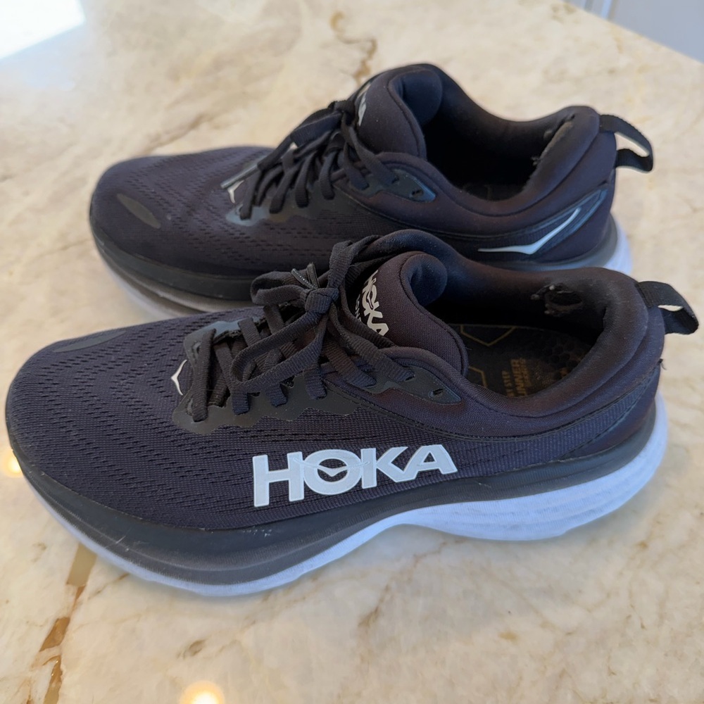 Hoka Black and White Cushioned Running Shoes bondi 8 size 9